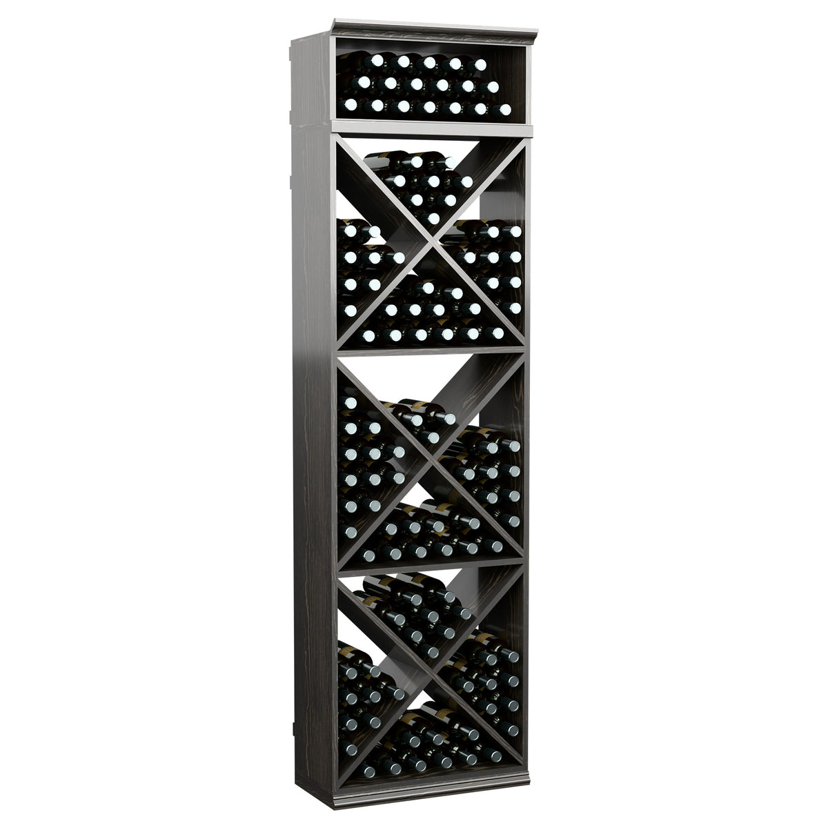 Dark wine storage rack with X-cube shelves and bottle-hole grid front
