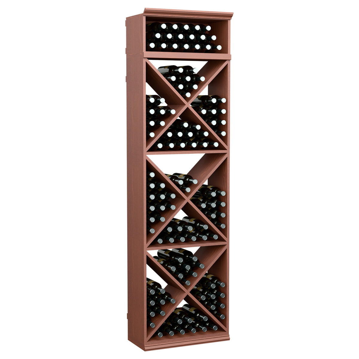 Brown wine bottle storage rack with X-cube cross shelves and front bottle-hole rows