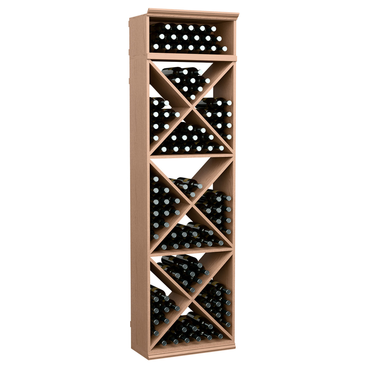 Light wood wine bottle rack with X-cube shelves and front bottle-hole rows