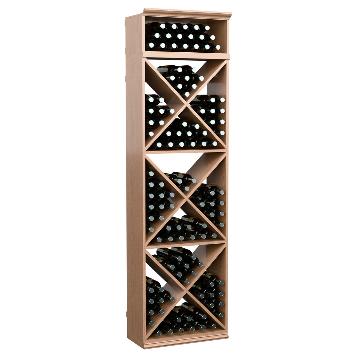 Natural wood wine rack with X-cube cubbies and bottle-hole grid front