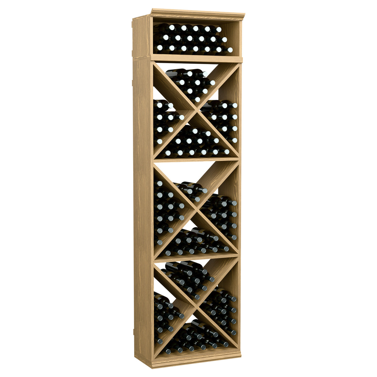 Light wood wine bottle storage rack with X-cube shelves and bottle-hole grid