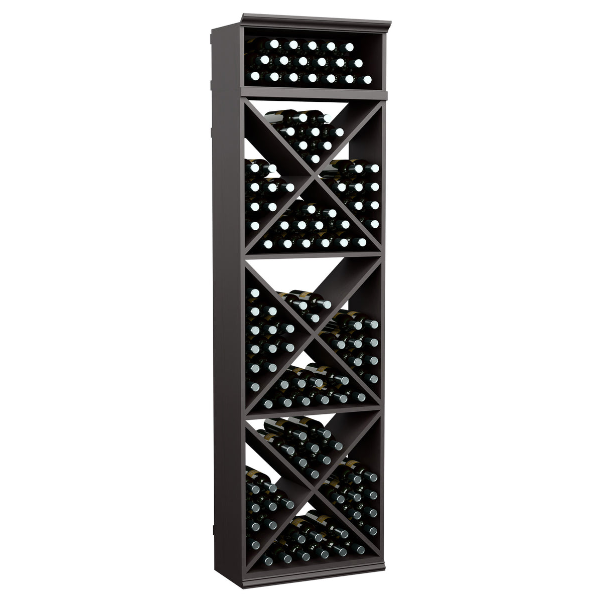 Dark wine bottle storage rack with X-cube shelves and bottle-hole grid front