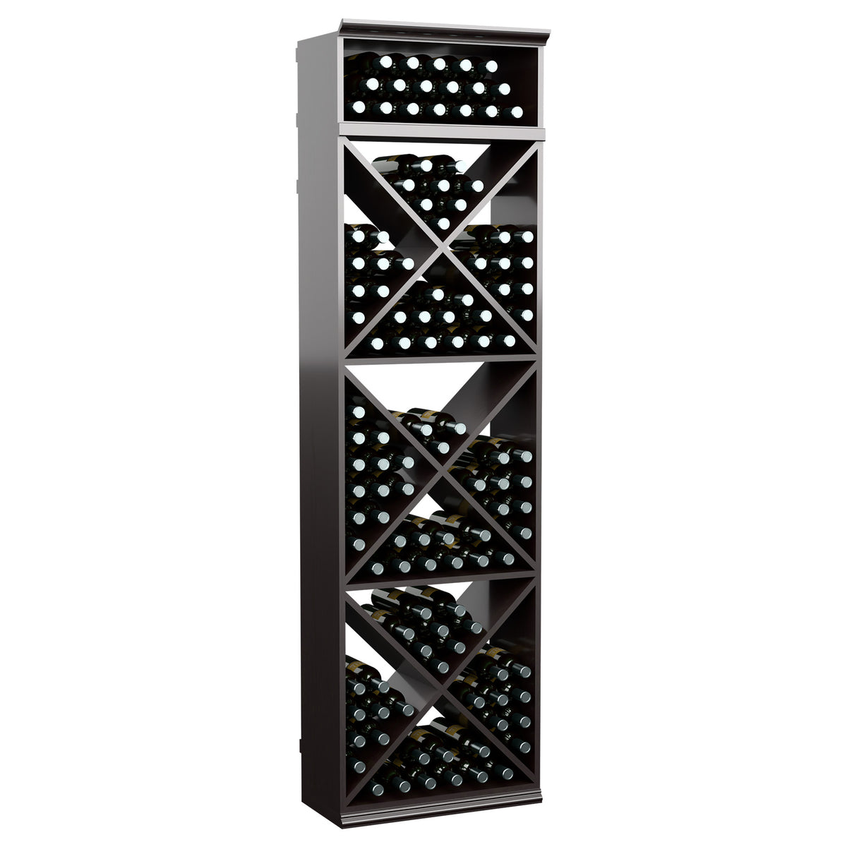 Black wine storage rack with X-cube cubbies and front rows of bottle holes