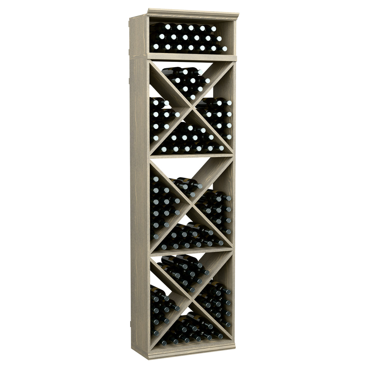 Wine bottle storage rack, white wash finish, X-cube crisscross shelves holding bottles