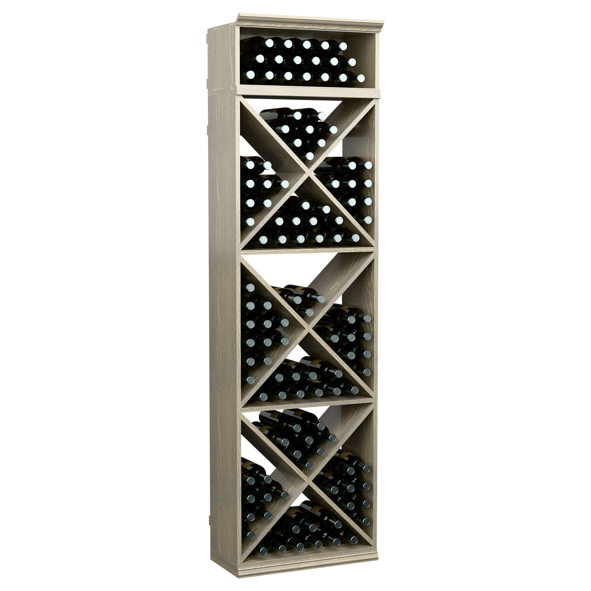 Wine bottle storage rack, white wash finish, tall cabinet with X-cube bottle shelves