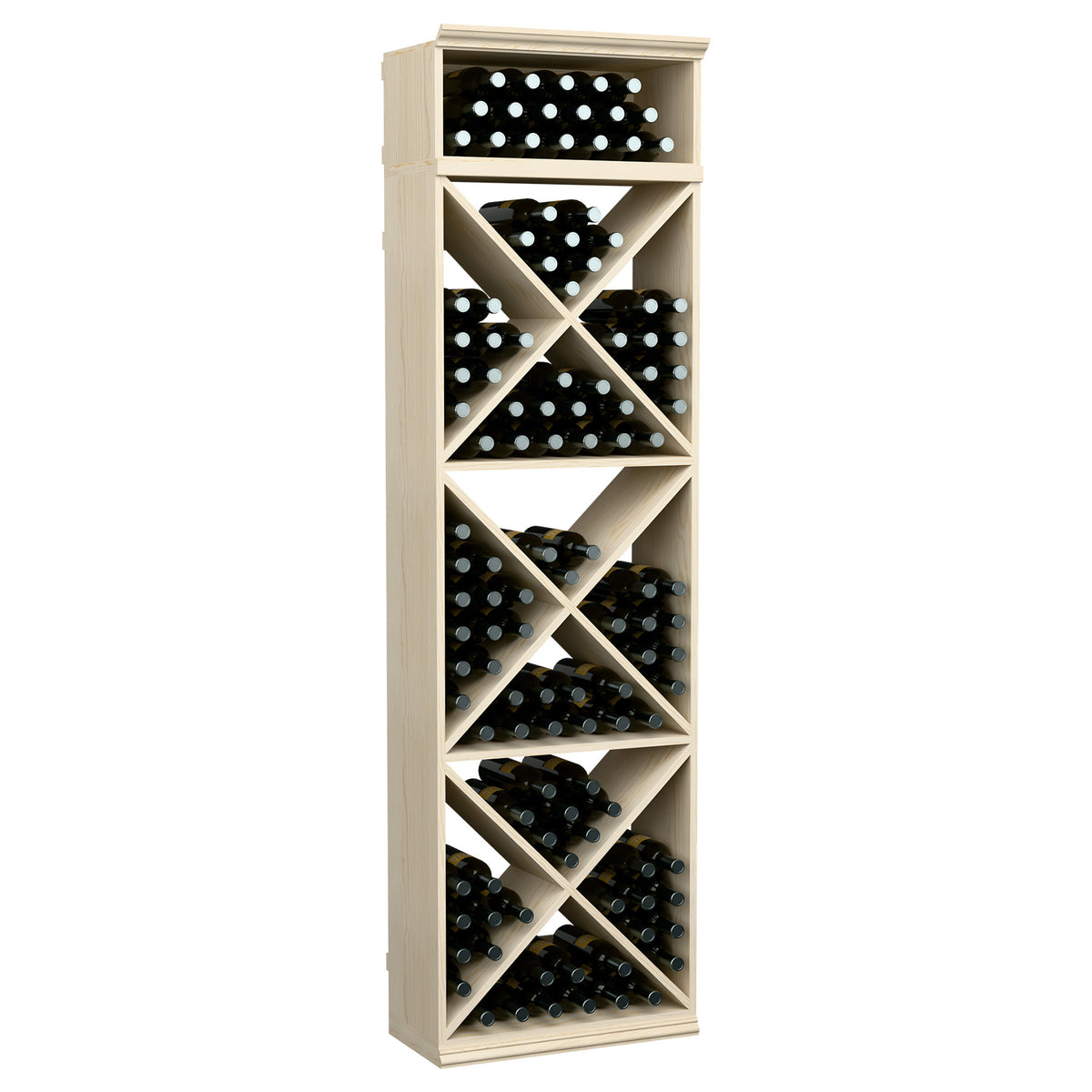 Wine bottle storage rack, natural-looking white wash finish, X-cube shelves with bottles