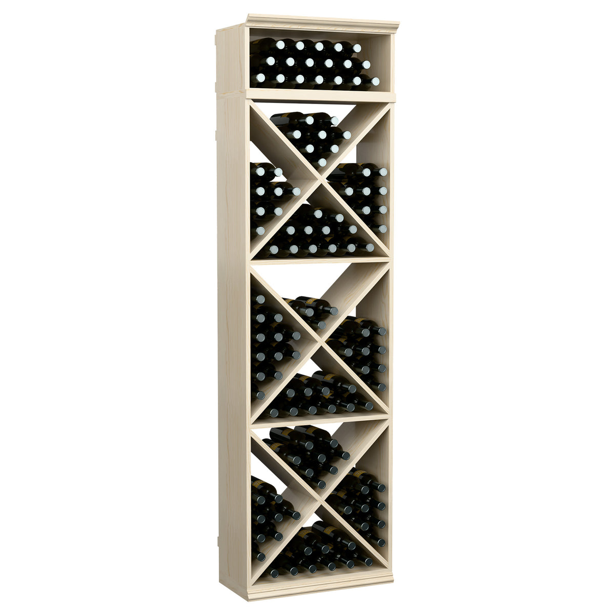 Wine bottle storage rack, white wash wood finish, X-cube design with stored bottles