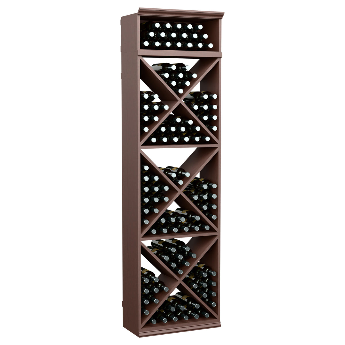Wine bottle storage rack, espresso brown finish, X-cube shelves holding bottles