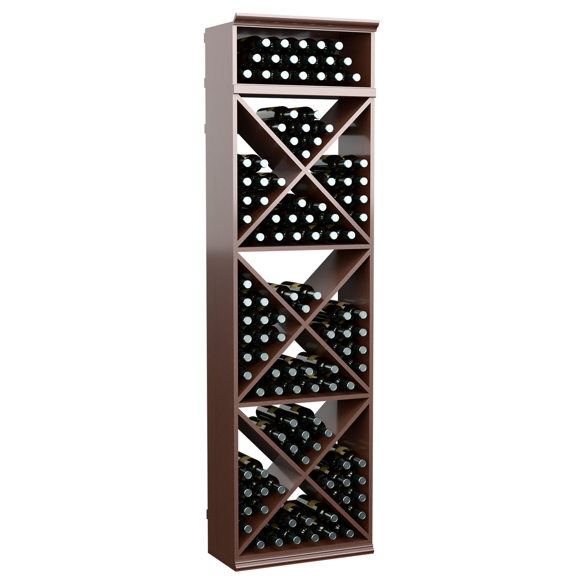 Wine bottle storage rack, dark brown finish, X-cube crisscross bottle shelves