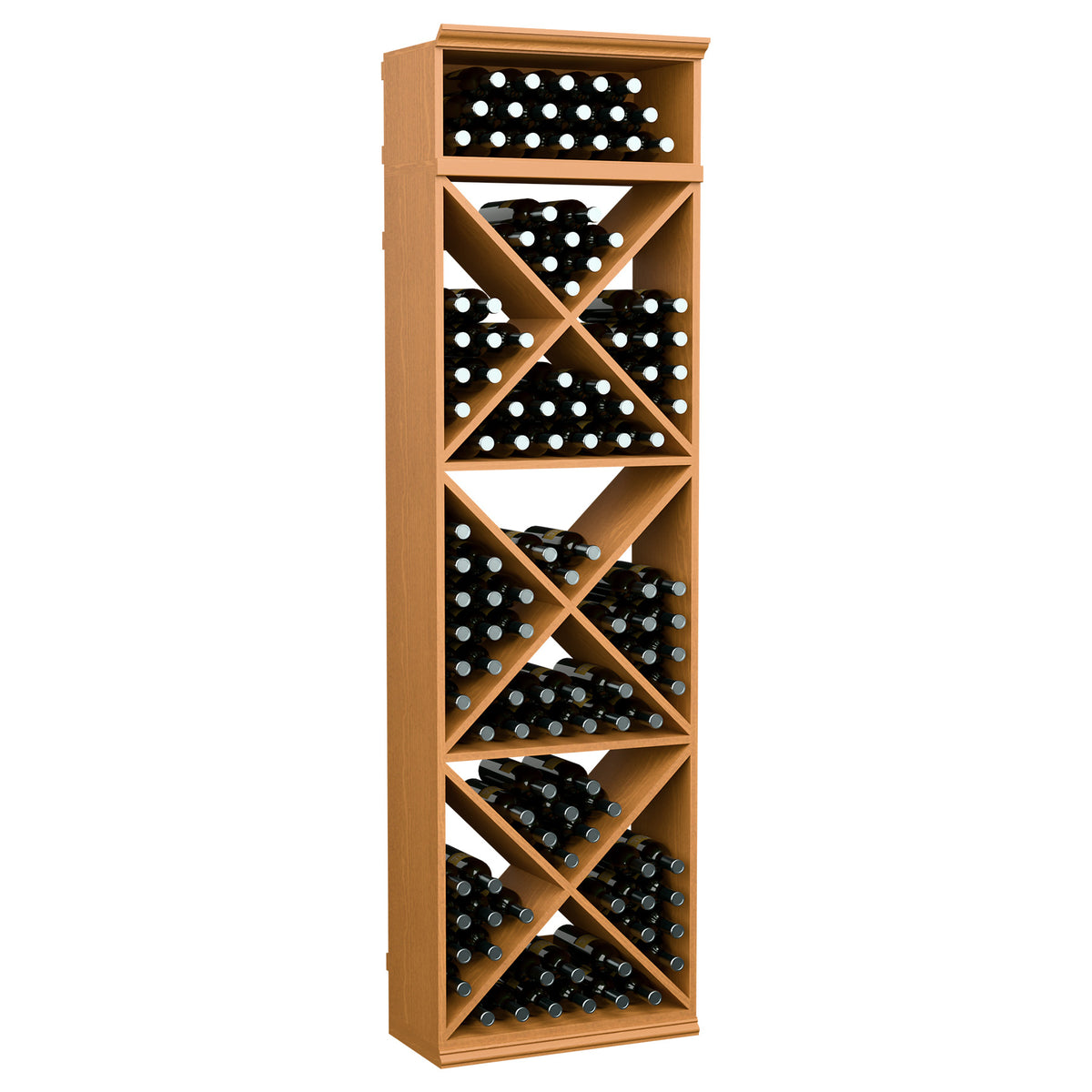Wine bottle storage rack, light wood finish, X-cube shelves holding bottles