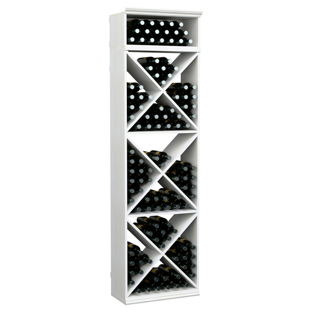 Wine bottle storage rack, white finish, X-cube crisscross shelves with bottles