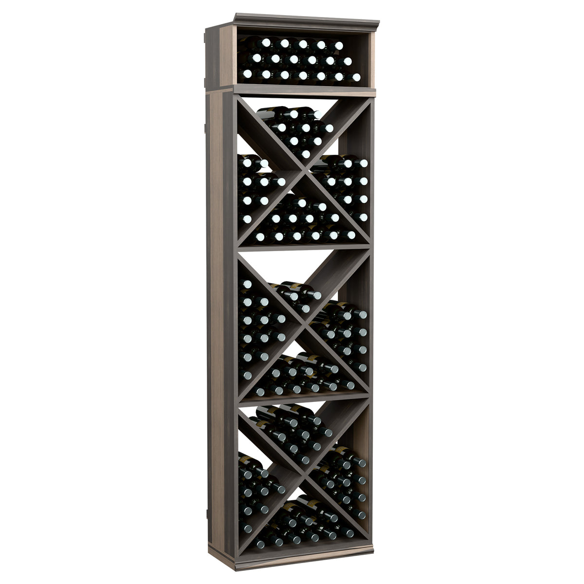 Wine bottle storage rack with X-cube cubby shelves, dark finish, holds bottles