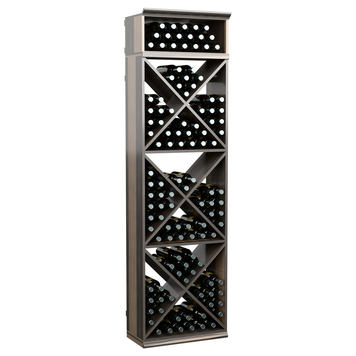 Wine bottle storage rack with X-cube cubby shelves and cross-brace design, dark