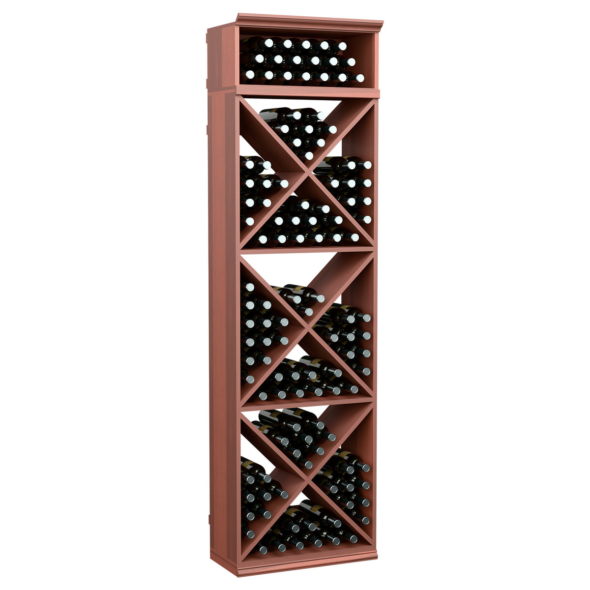 Wine bottle storage rack with X-cube cubby shelves, warm reddish-brown finish