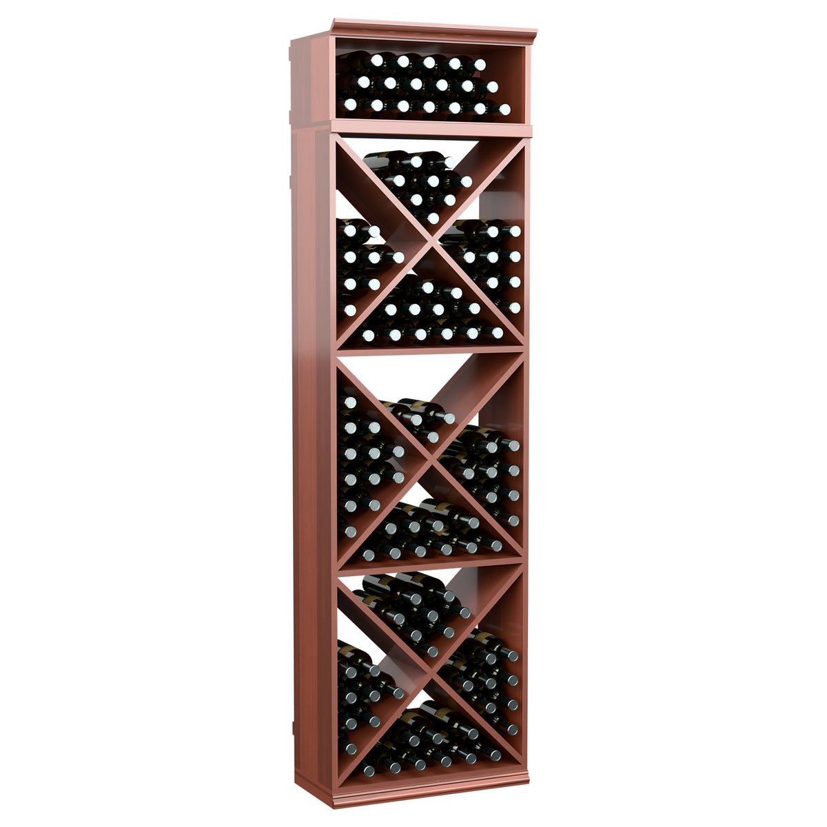 Wine bottle storage rack with X-cube cubby shelves and X pattern, reddish finish