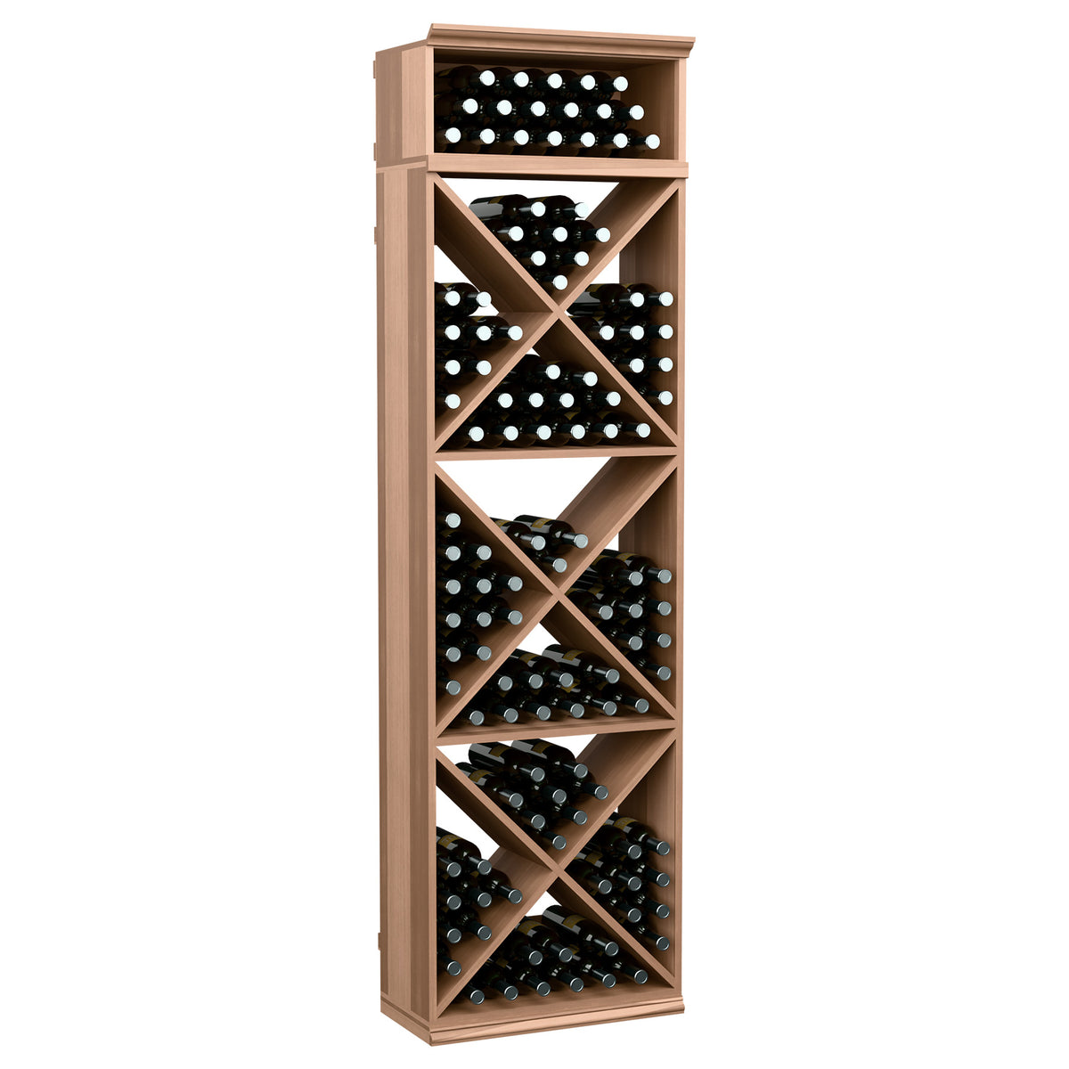 Wine bottle storage rack with X-cube cubby shelves, light wood finish, holds bottles