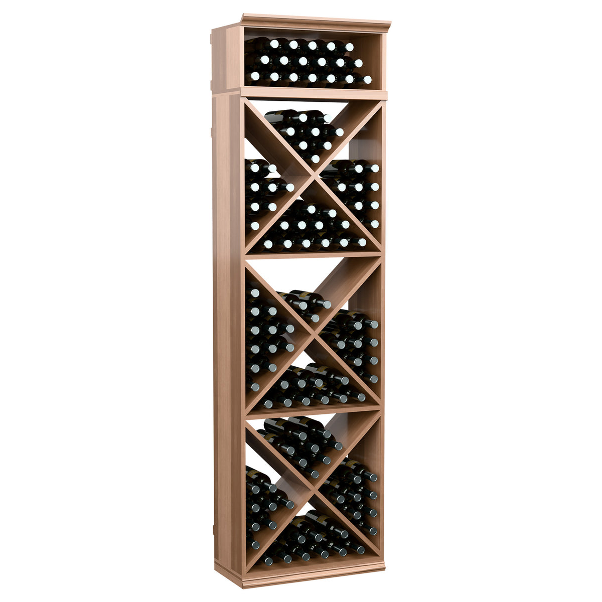 Wine bottle storage rack with X-cube cubby shelves and bottle rows, light wood