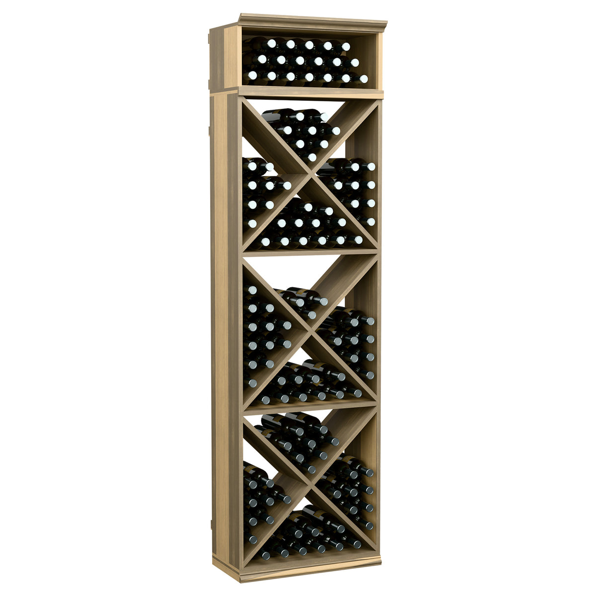 Wine bottle storage rack with X-cube cubby shelves, pale natural wood finish
