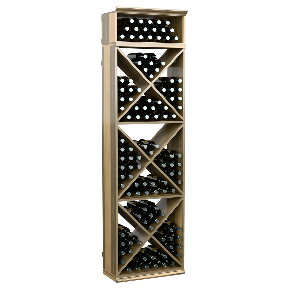 Wine bottle storage rack with X-cube cubby shelves and slanted bottle cubbies, natural