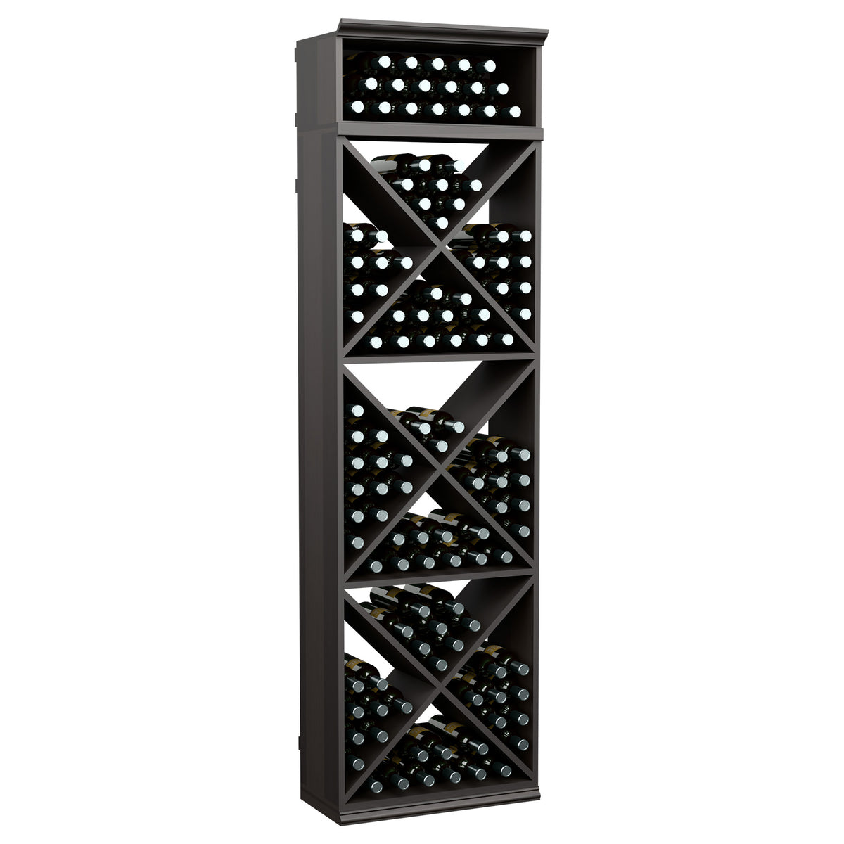 Wine bottle storage rack with X-cube cubby shelves, black/dark finish, holds bottles