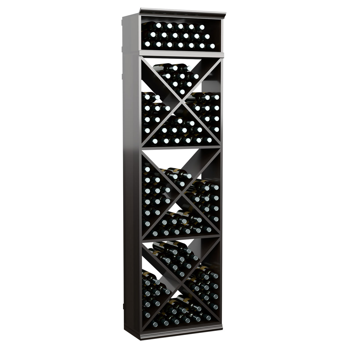 Wine bottle storage rack with X-cube cubby shelves and cross-brace frame, dark