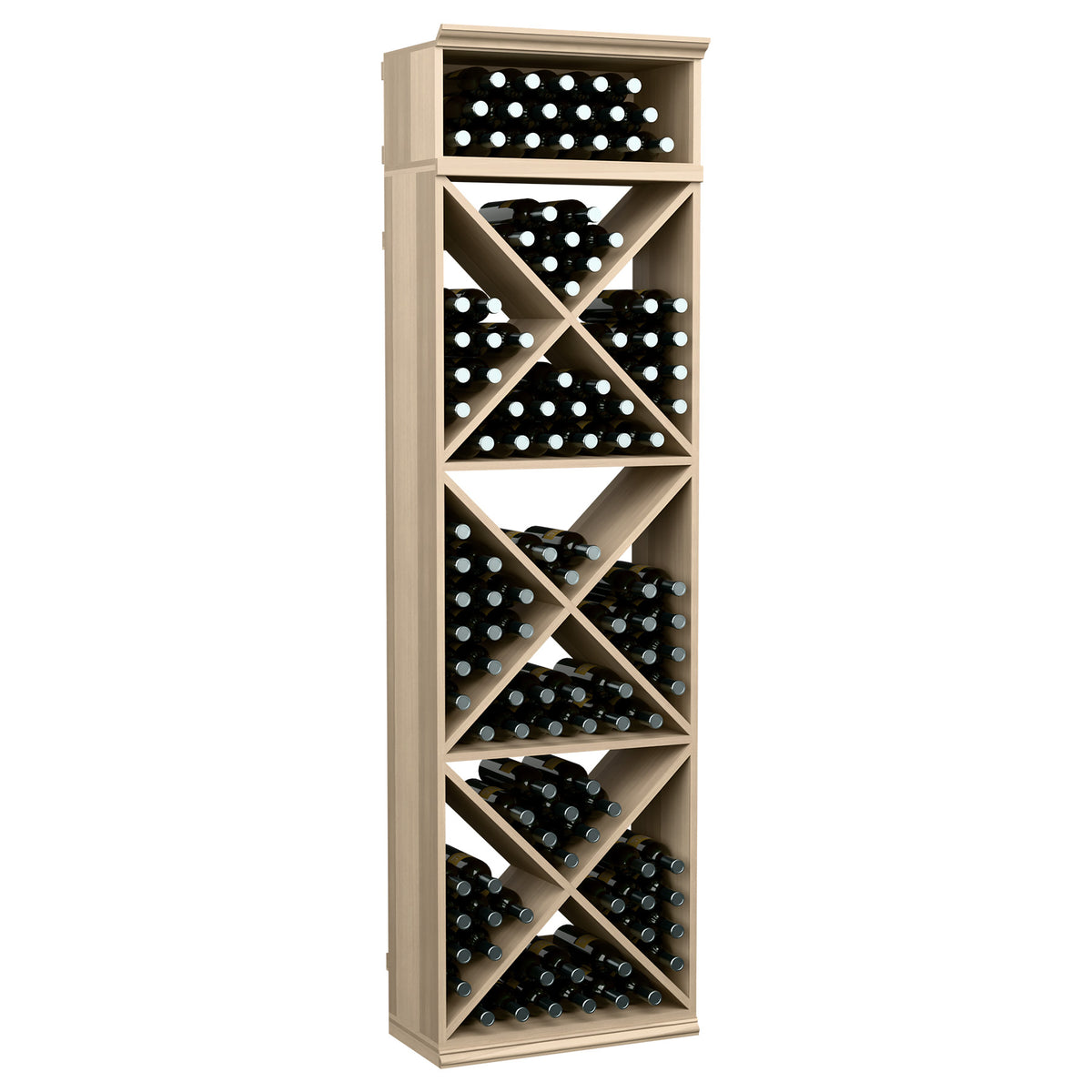 Wine bottle storage rack, light gray wood with X-pattern cubby shelves