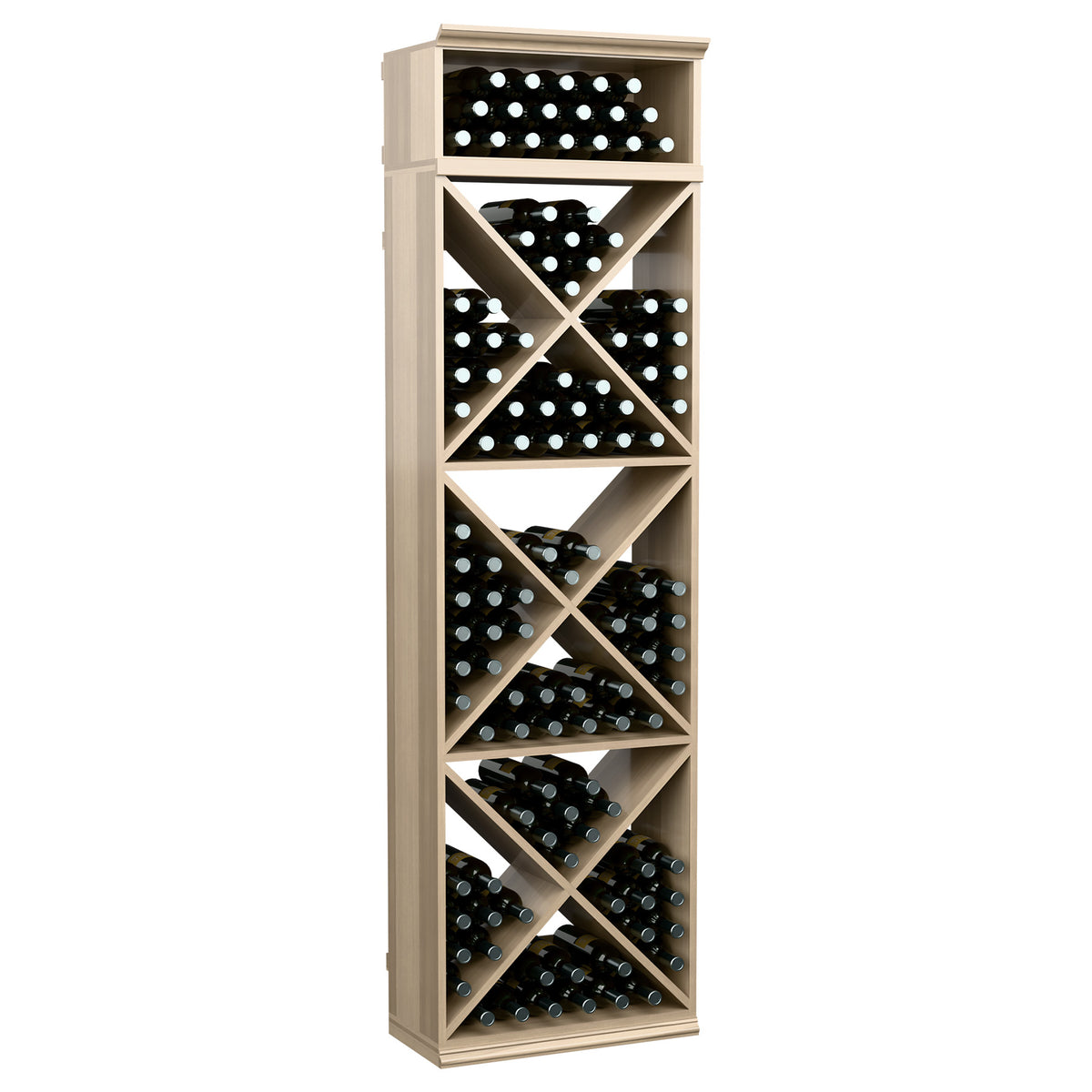 Wine bottle storage rack with X-braced shelves holding bottles in cubby rows, light gray