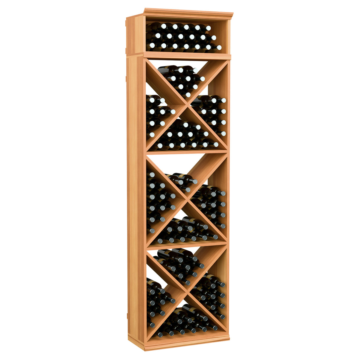 Wine bottle storage rack, reddish wood finish with X-pattern cubby shelves for bottles