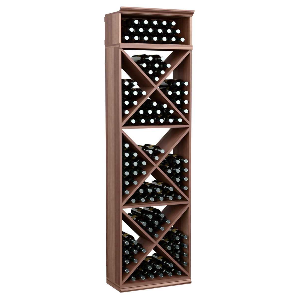 Wine bottle storage rack, dark walnut wood with X-pattern cubby shelves for bottles