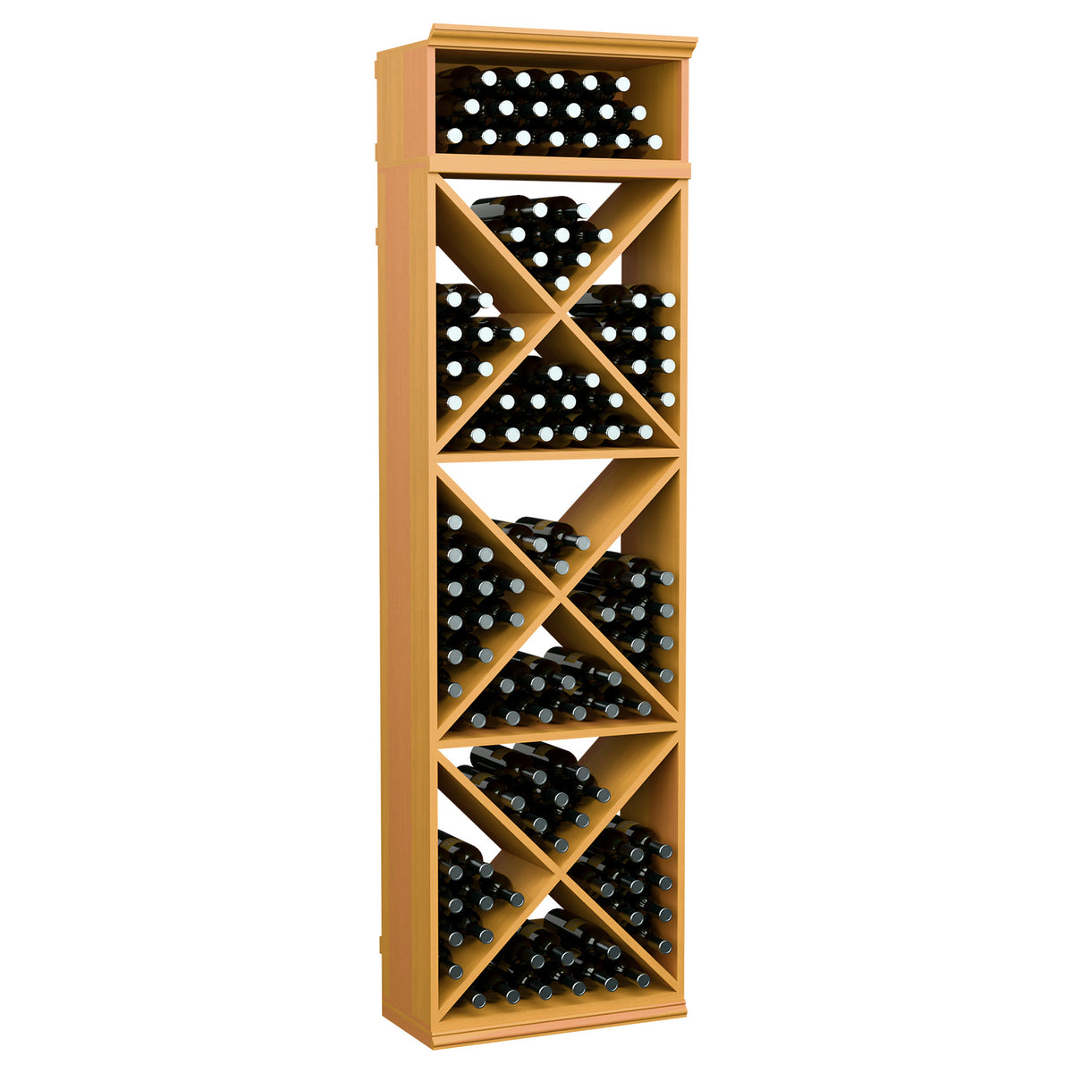 Wine bottle storage rack, light natural wood with X-pattern cubby shelves for bottles