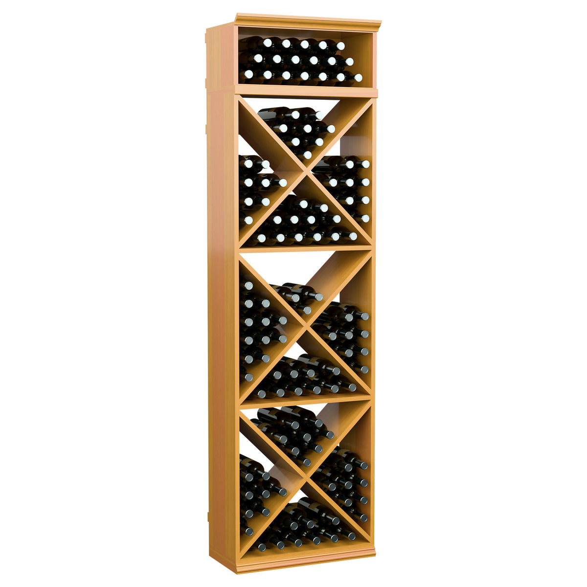 Wine bottle storage rack with X-pattern cubby shelves, light wood finish