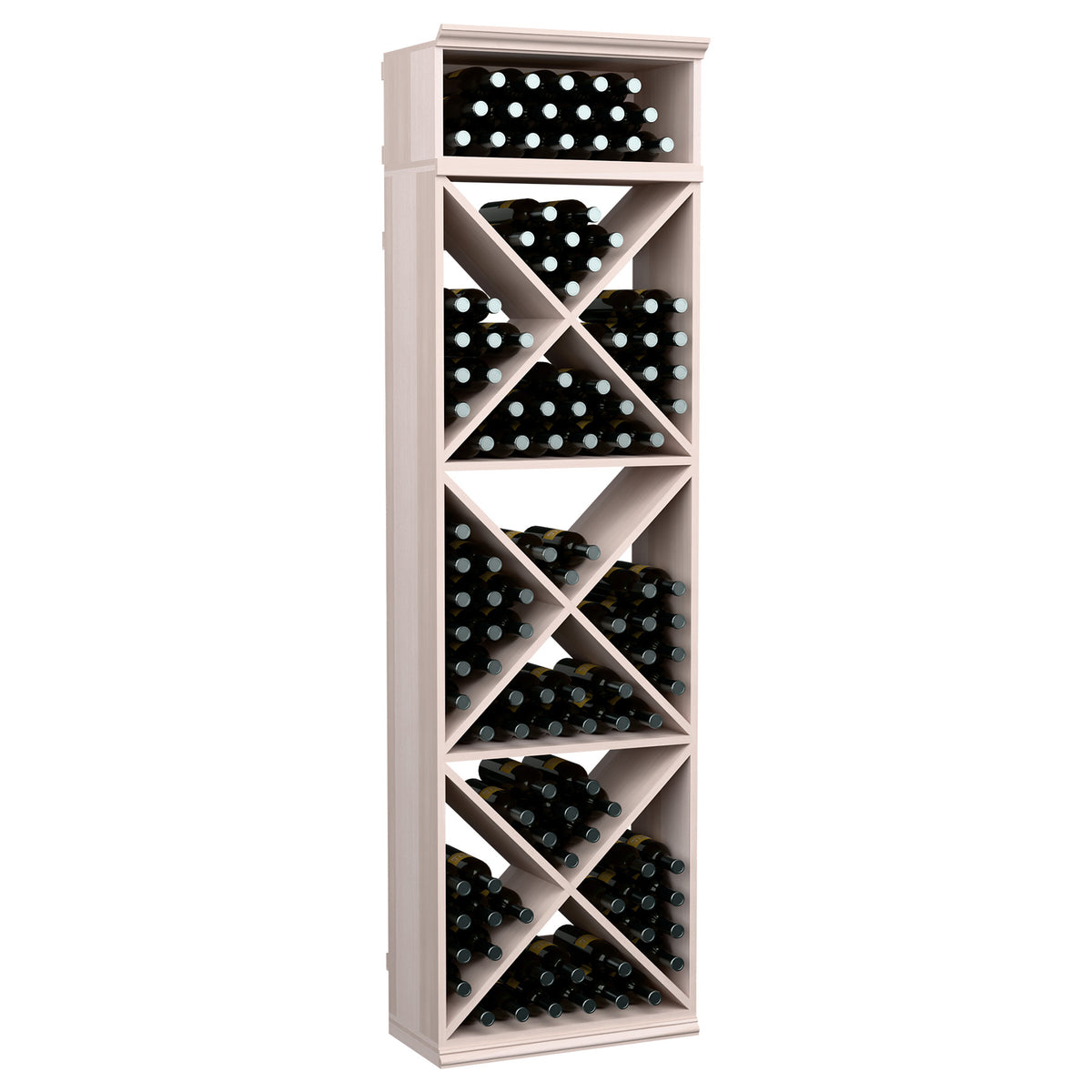 Wine bottle storage rack, whitewashed wood with X-pattern cubby shelves for bottles