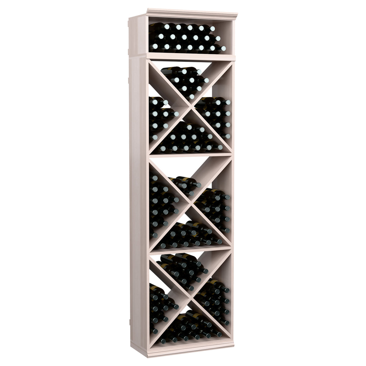 Wine bottle storage rack with X-braced cubby shelves holding bottles, whitewashed wood