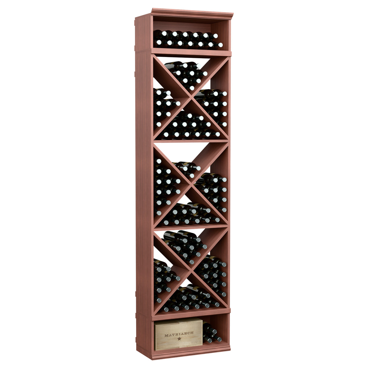 Wine bottle storage rack with X-cube cubbies and open top shelf, reddish wood finish