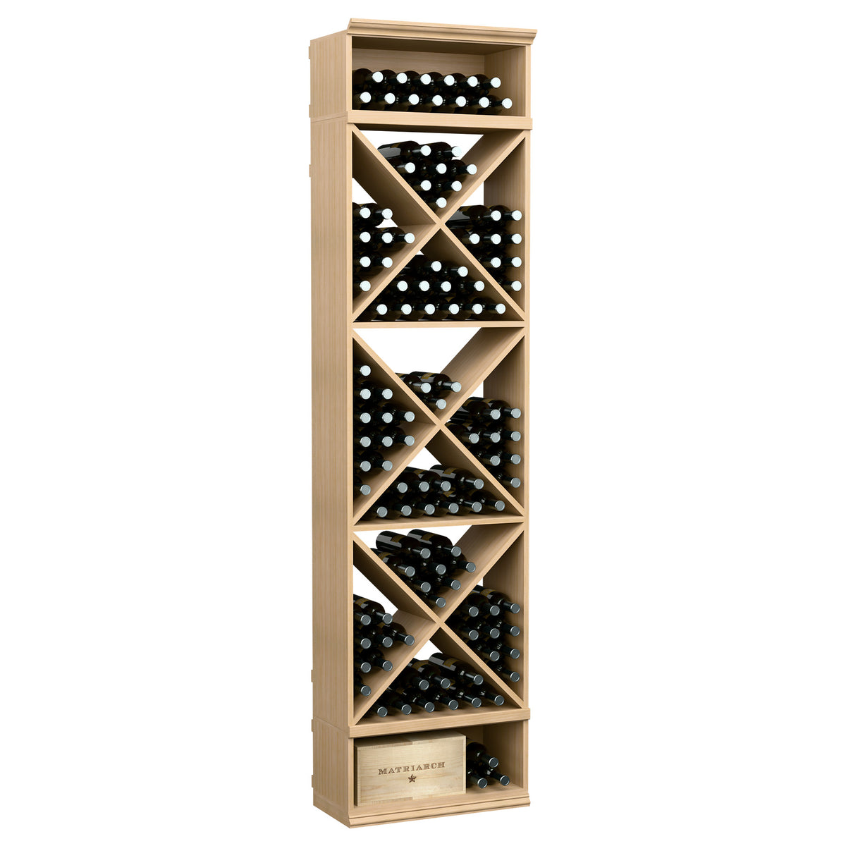 Wine bottle storage rack with X-cube cubbies and open top shelf, light natural wood