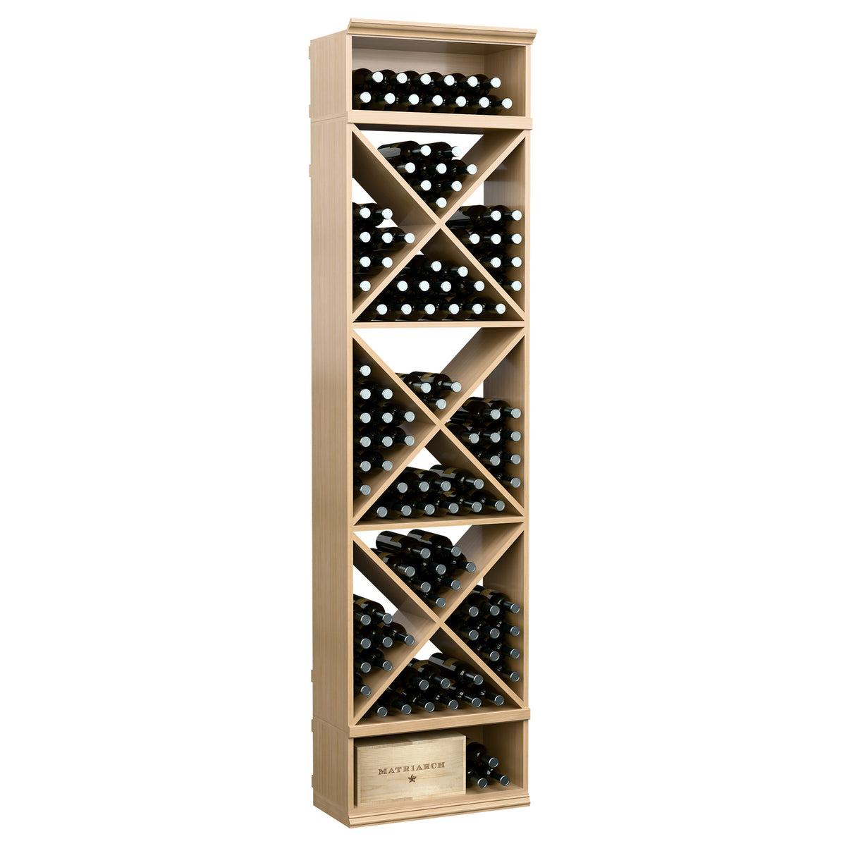 Wine bottle storage rack with X-cube cubbies and open top shelf, pale beige wood finish