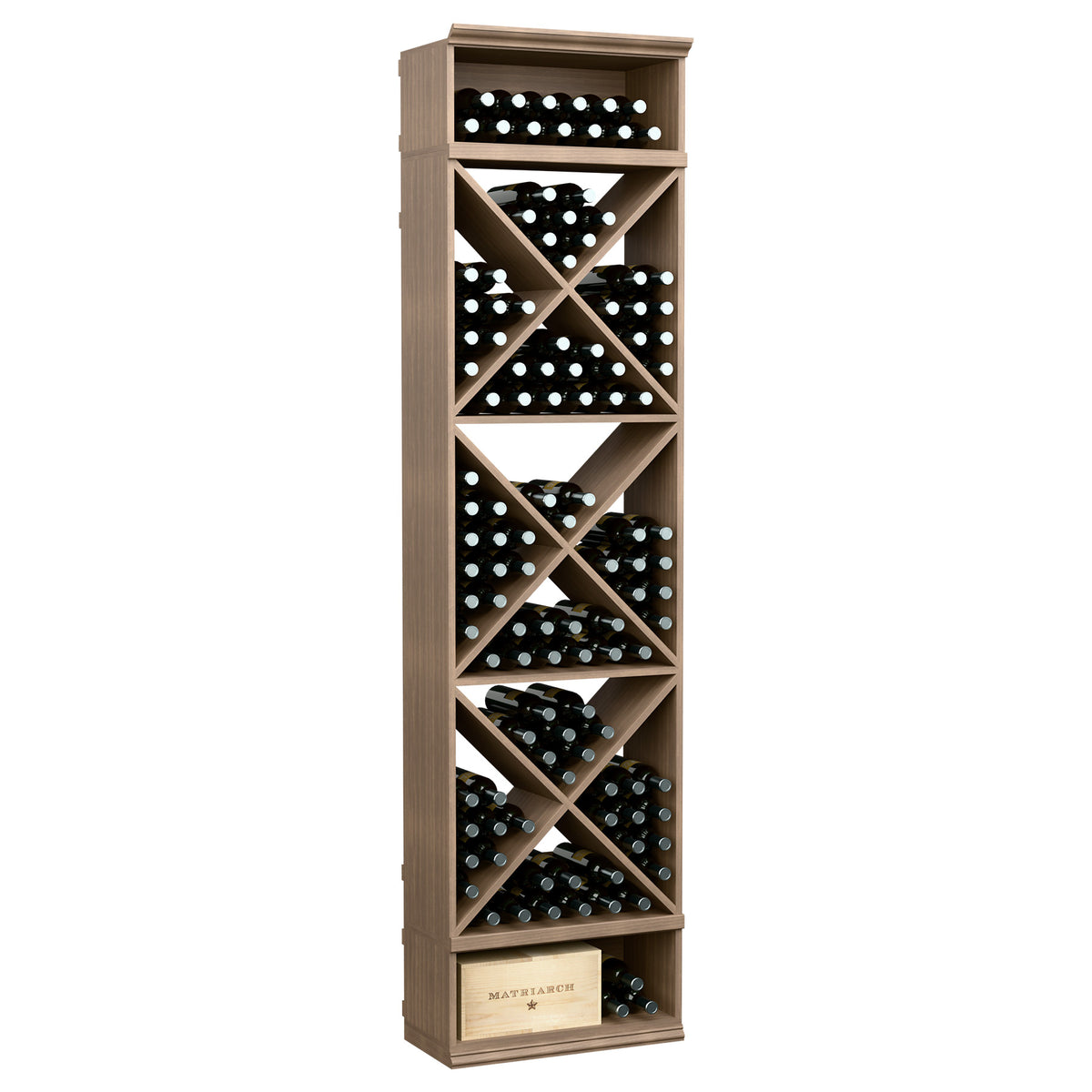 Wine bottle storage rack with X-cube cubbies and open top shelf, light tan wood finish