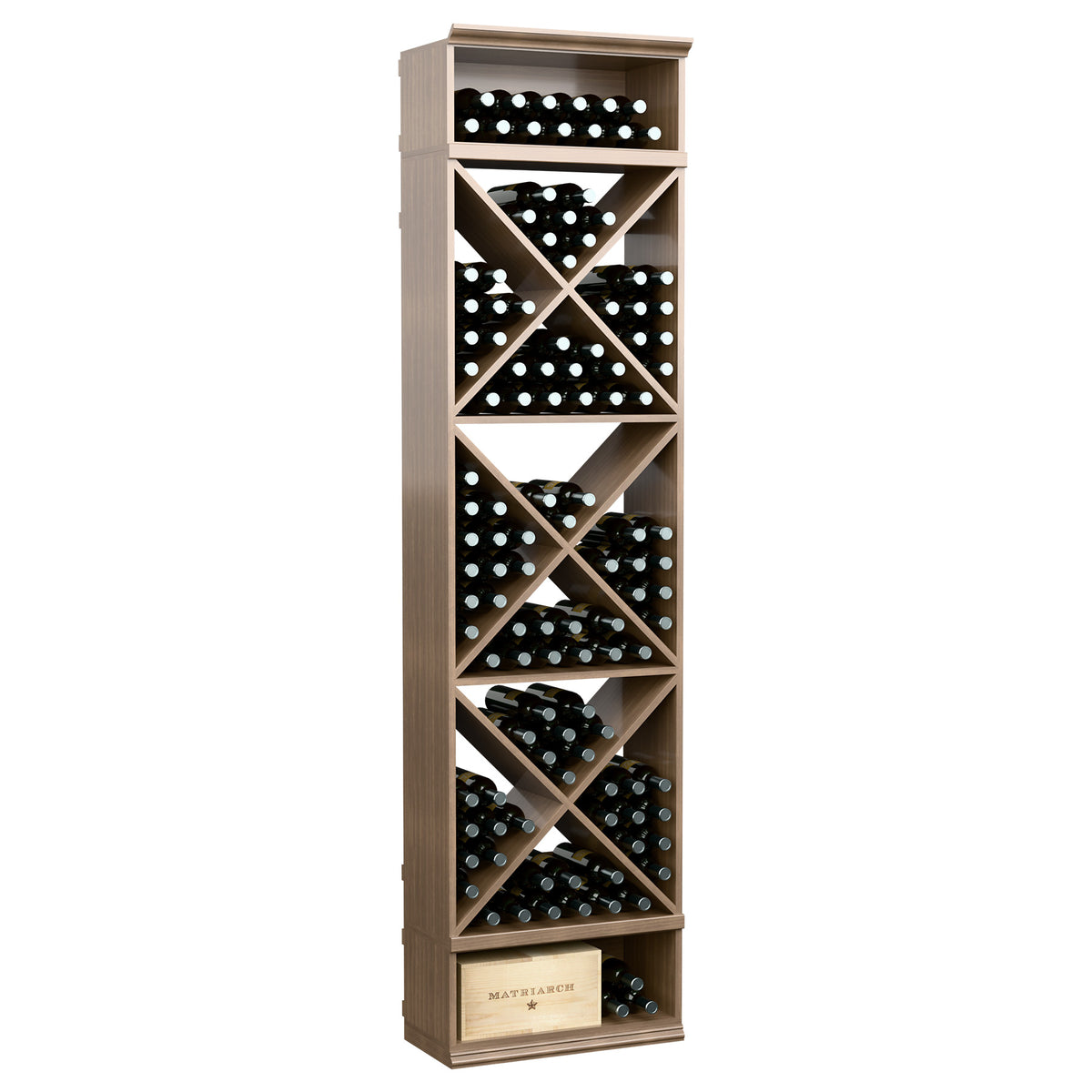 Wine bottle storage rack with X-cube cubbies and open top shelf, light tan wood with darker base