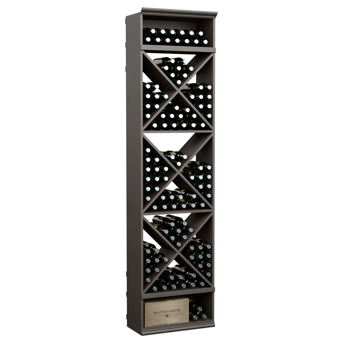 Wine bottle storage rack with X-cube cubbies and open top shelf, dark charcoal finish