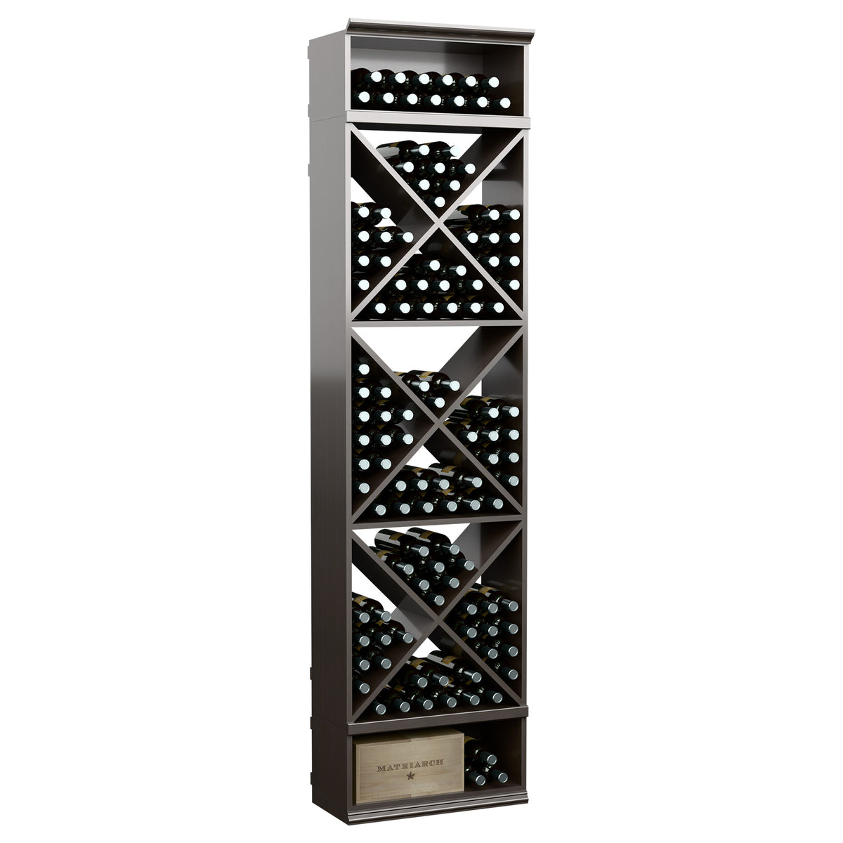 Wine bottle storage rack with X-cube cubbies and open top shelf, deep gray wood finish