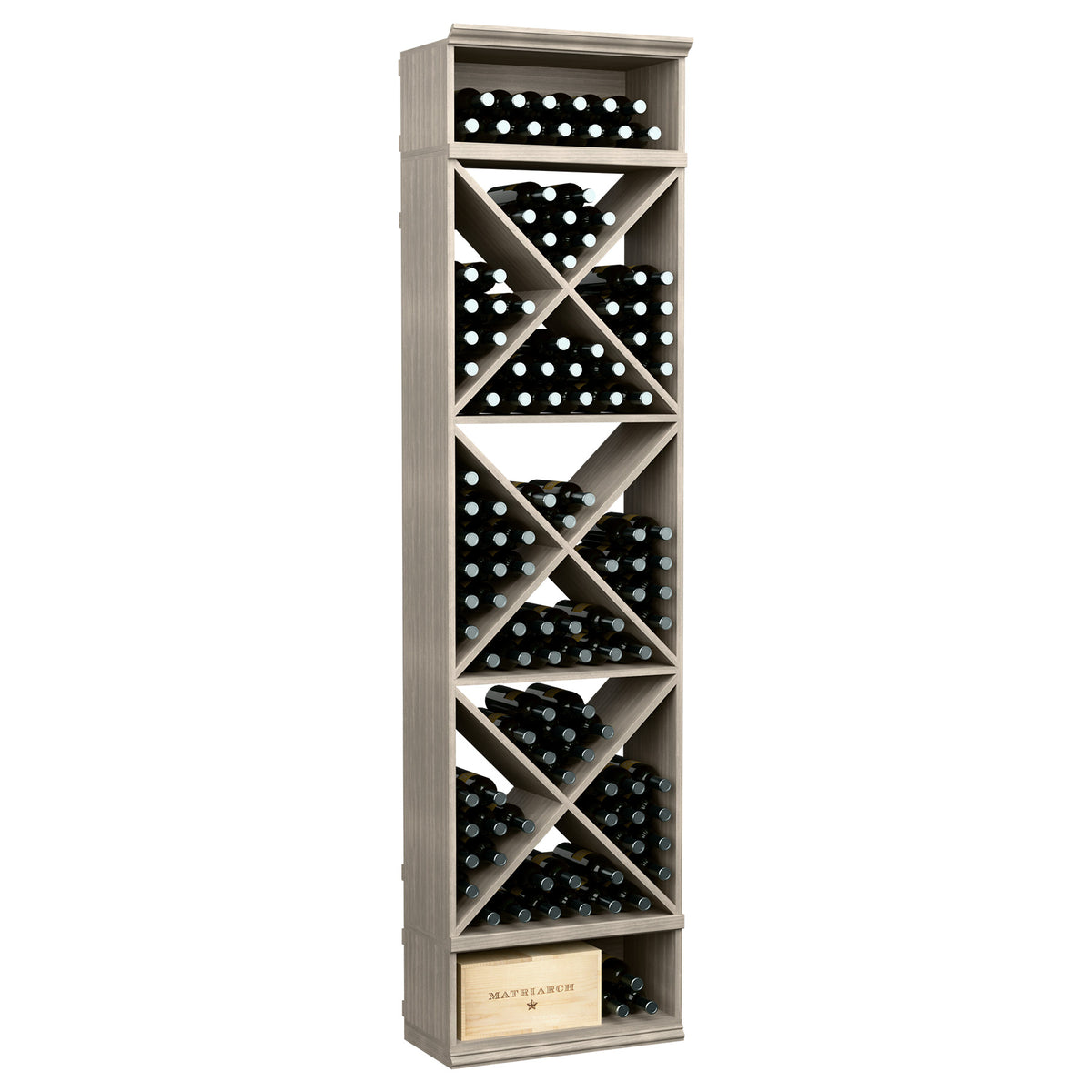 Wine bottle storage rack with X-cube dividers, filled bottle slots, white wash finish