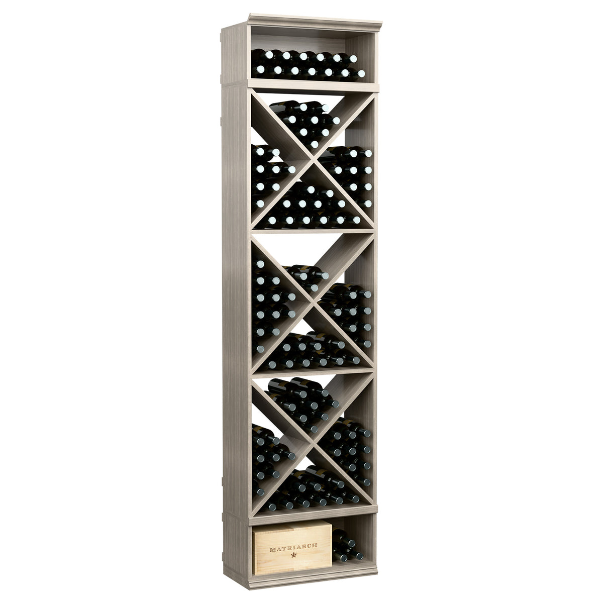 Wine bottle storage rack with X-cube compartments, filled bottle cubbies, white wash finish