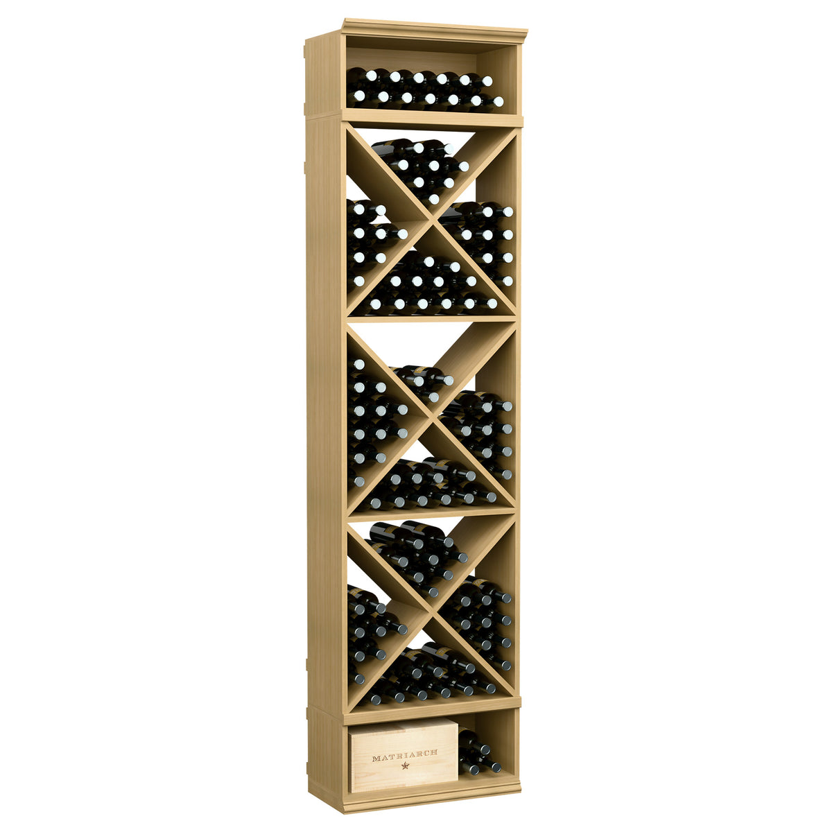 Wine bottle storage rack with X-cube dividers and filled slots, light wood finish