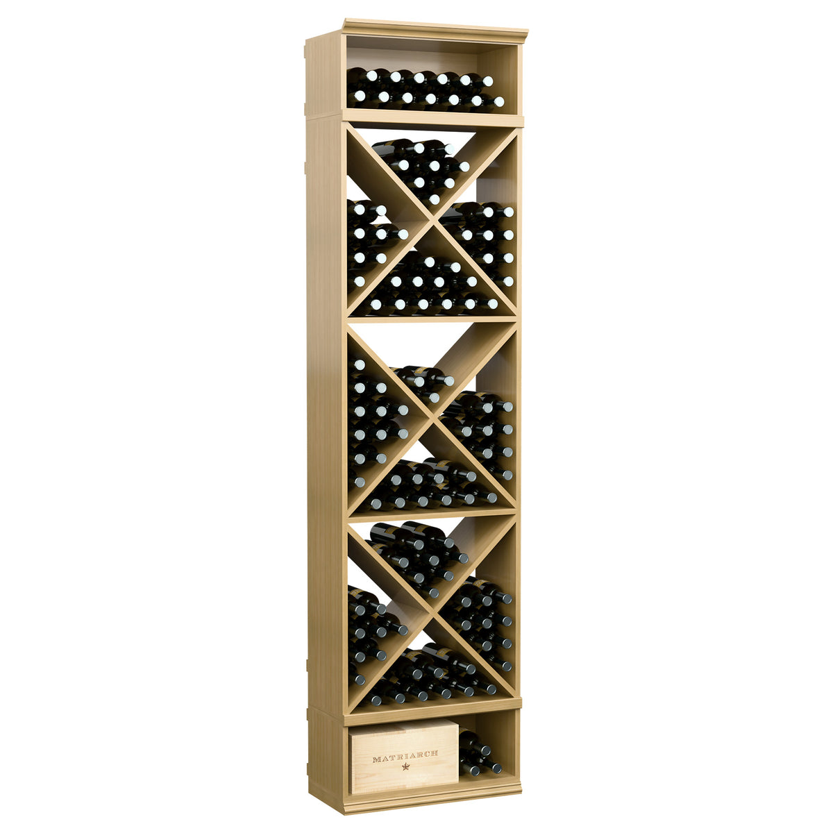 Wine bottle storage rack with X-cube compartments, filled wine bottle slots, light wood