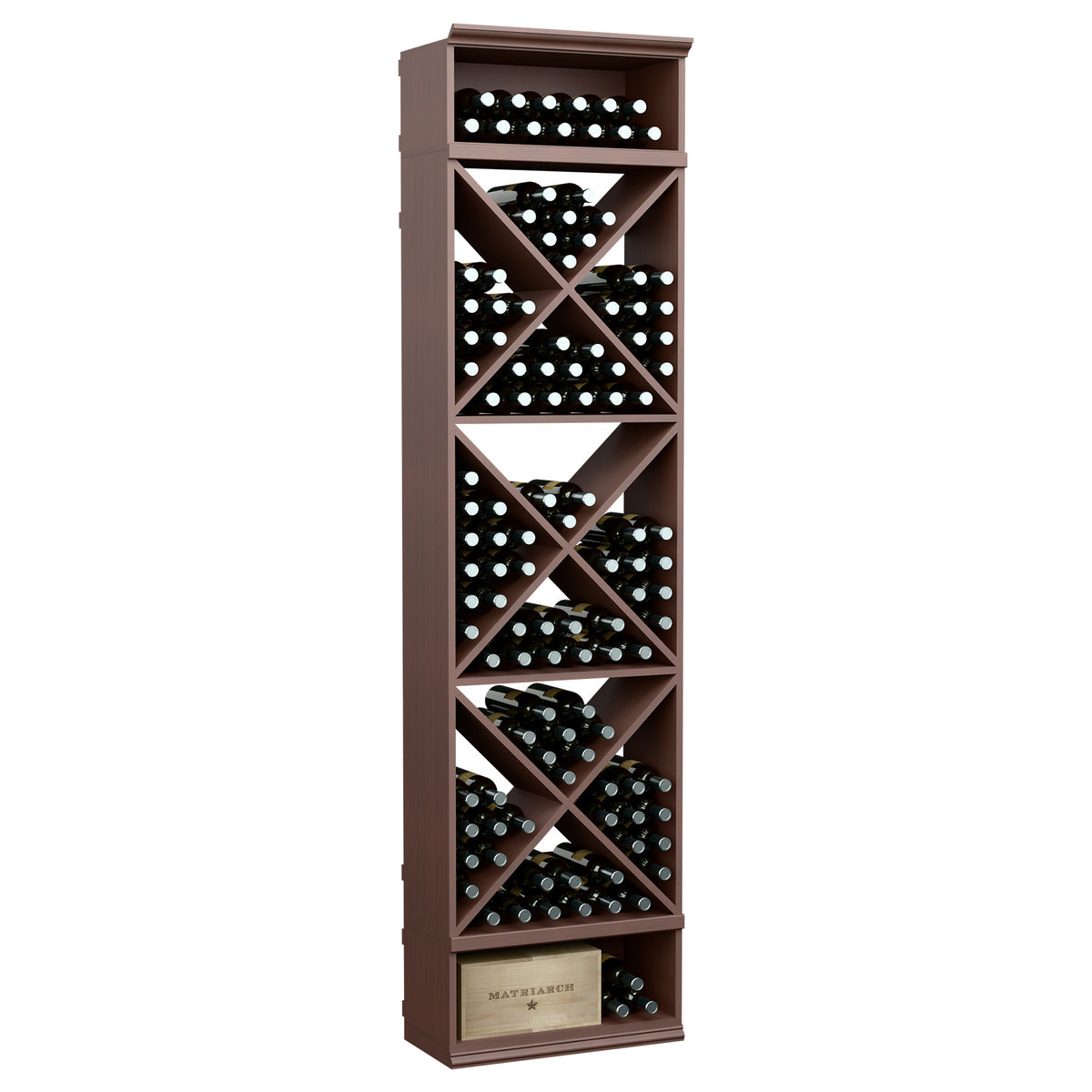 Wine bottle storage rack with X-cube dividers, filled bottle cubbies, espresso-brown finish