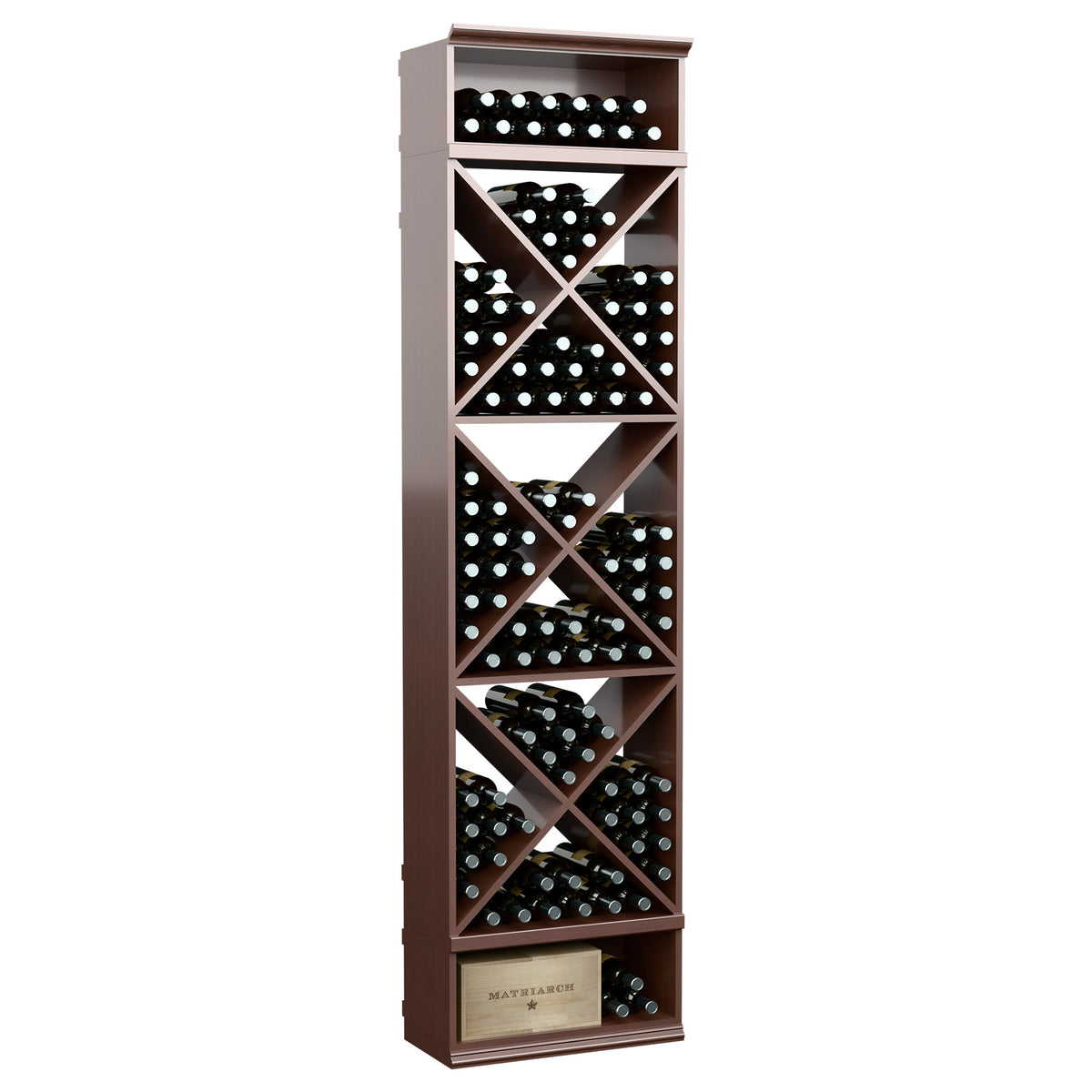 Wine bottle storage rack with X-cube compartments, filled wine bottle slots, dark brown finish
