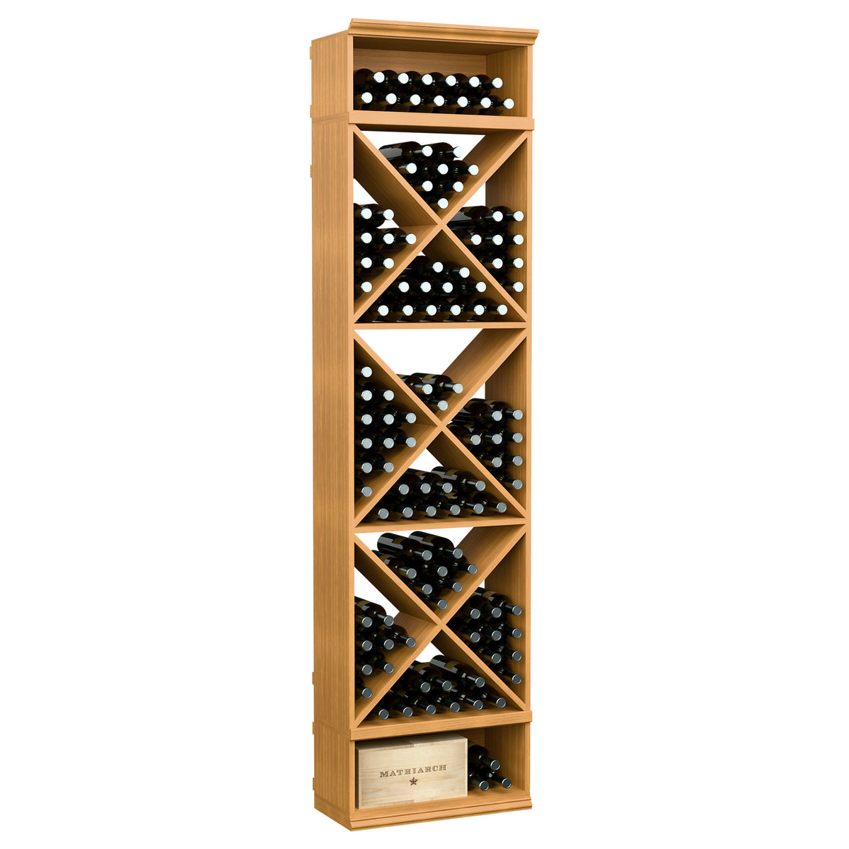 Wine bottle storage rack with X-cube dividers, filled bottle cubbies, natural wood finish