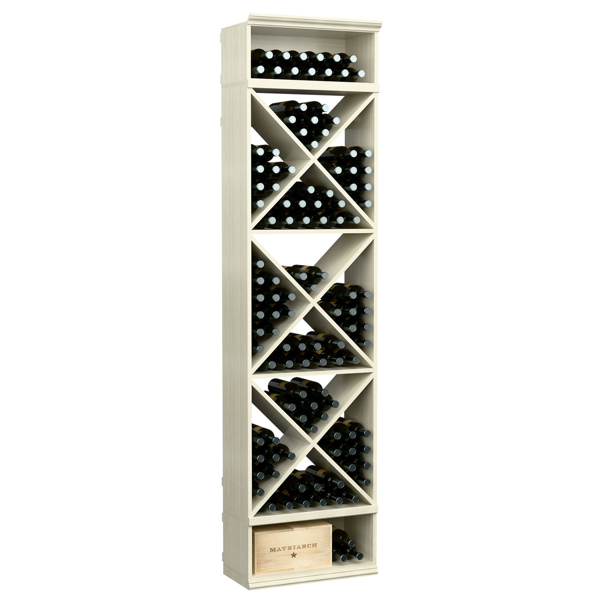 Wine bottle storage rack with X-cube compartments, filled wine bottle cubbies, pale finish