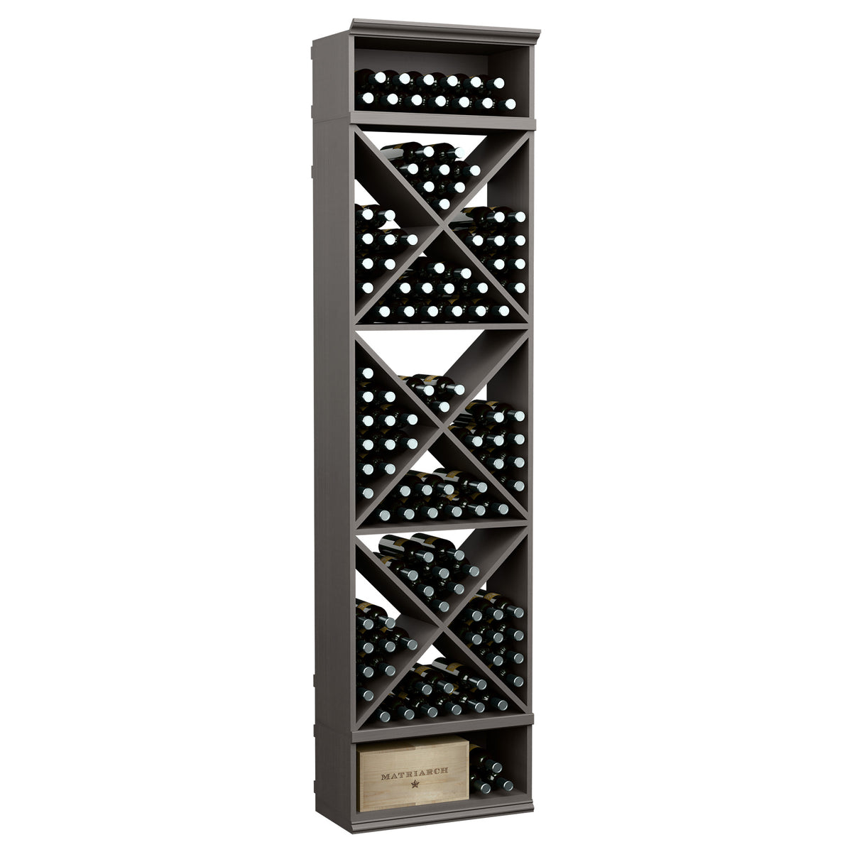 Grey X-cube wine bottle storage rack with crisscross cubby shelves, top row included