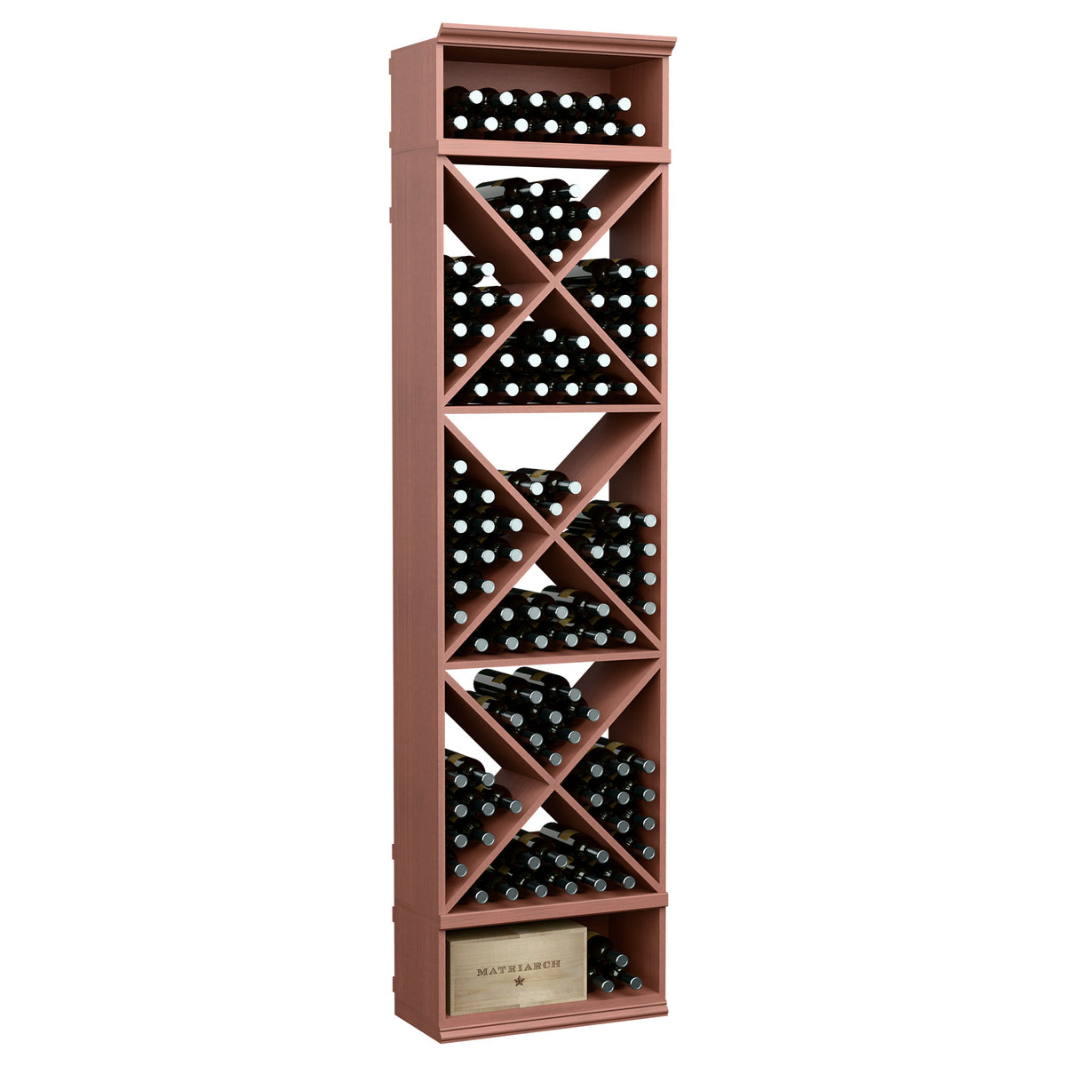 Red-brown X-cube wine bottle storage rack with crisscross cubby shelves and top ledge